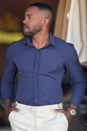 Camisa Social Slim Dry Fit com Elastano Azul Marinho